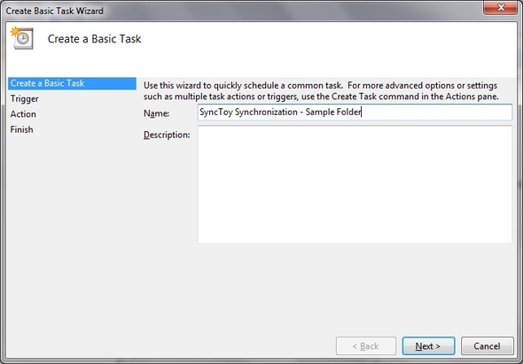 SyncToy: Microsofts lösning för enkel säkerhetskopiering och synkronisering [Windows] Uppgiftsplanering Skapa grundläggande uppgiftsnamn