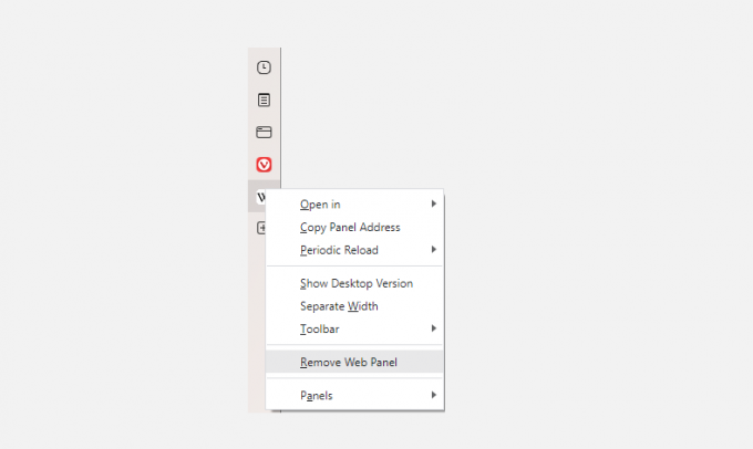 Skärmdump som visar hur man tar bort webbpaneler i vivaldi