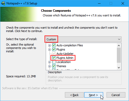 Markera rutan Plugins Admin under installationen av Notepad ++