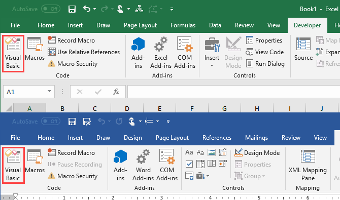 Visual Basic på fliken Utvecklare i Microsoft Excel och Microsoft Word