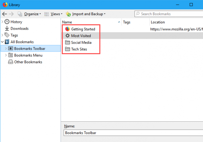 Sorterade bokmärken och mappar i dialogrutan Bibliotek i Firefox