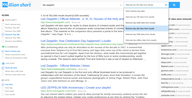 Million Short tar bort de mest populära webbplatserna från sökresultaten för att hitta nya och oupptäckta webbsidor