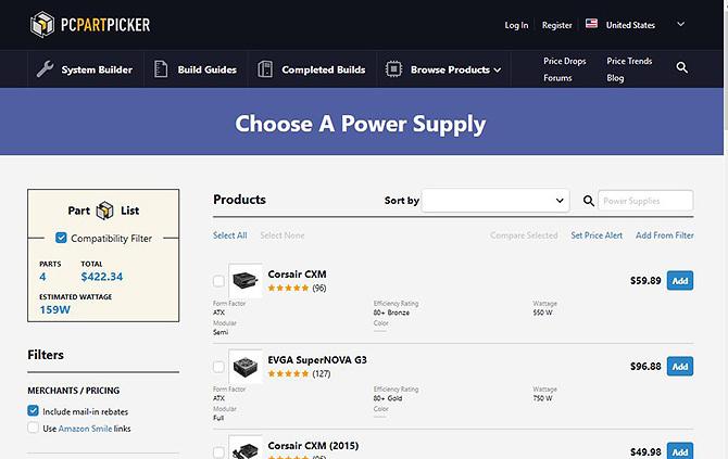 Använda PC Part Picker - bläddrar efter en komponent