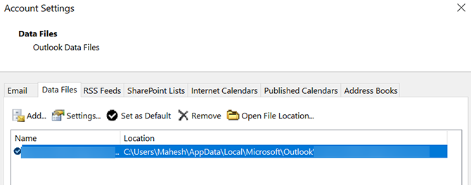 öppna Outlook-datafilens plats
