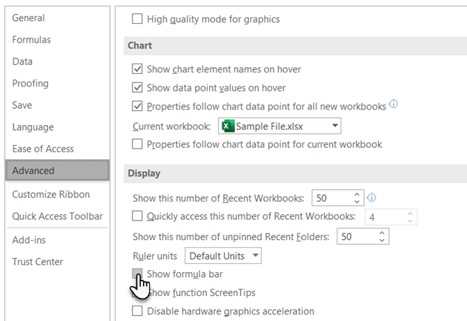 Dölj formelfältet med hjälp av Excel-alternativ