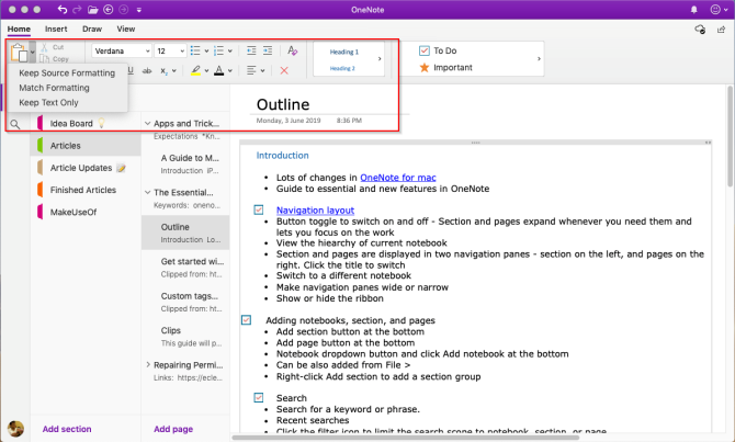 formateringsverktyg i OneNote Mac