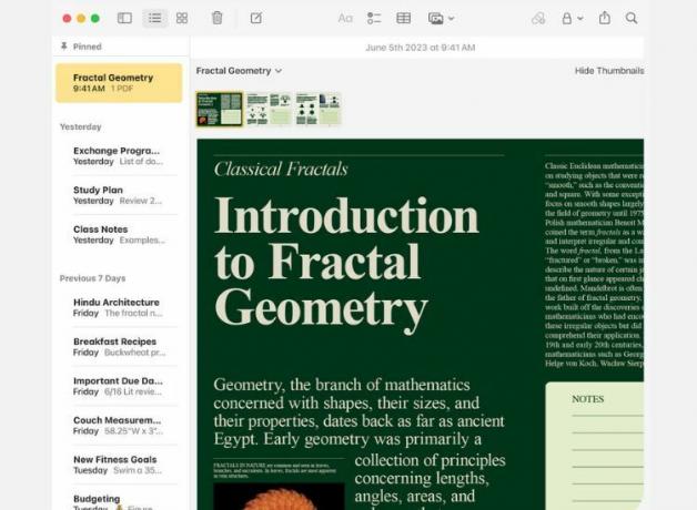 Apple Notes i Mac med sidofält och PDF på displayen