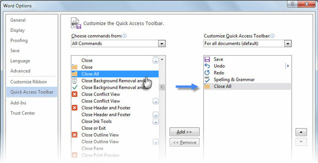 Word 2013 Stäng alla kommandon