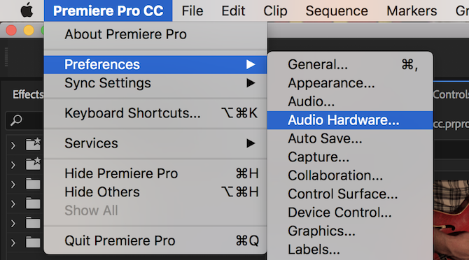 Premiere Pro audio hårdvara meny