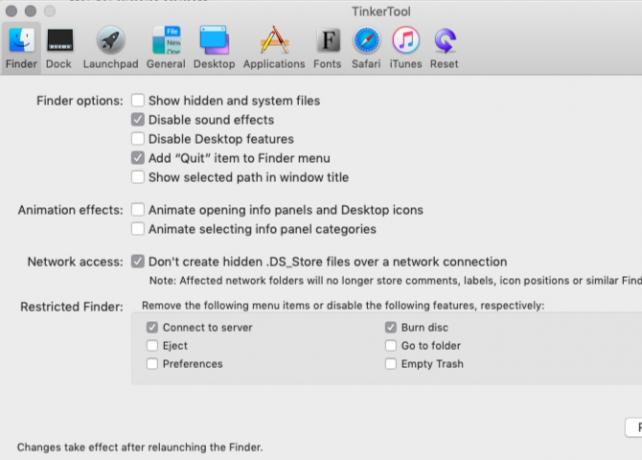 Finder-fönstret i verktyget Tinker på macOS