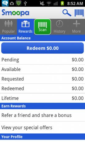Bli betald för att handla smartare med Smoopa [Android 1.6+ & iOS] smoopa belöningsbalans