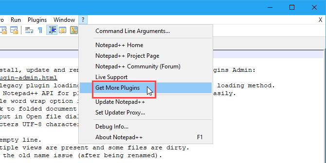 Välj Hämta fler plugins på Hjälp-menyn i Notepad ++