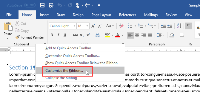 Högerklicka på bandet i Microsoft Word och välj Anpassa bandet