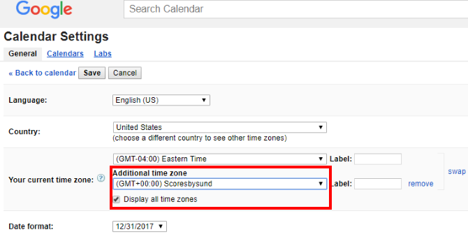 inställningar för tidszon för google kalender