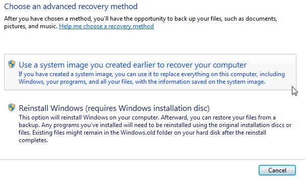 Windows 7 återhämtar sig från systembild