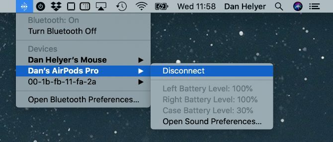 AirPods batterinivå i macOS Bluetooth-meny