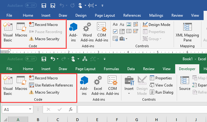 Kodavsnitt på fliken Utvecklare i Microsoft Word och Microsoft Excel