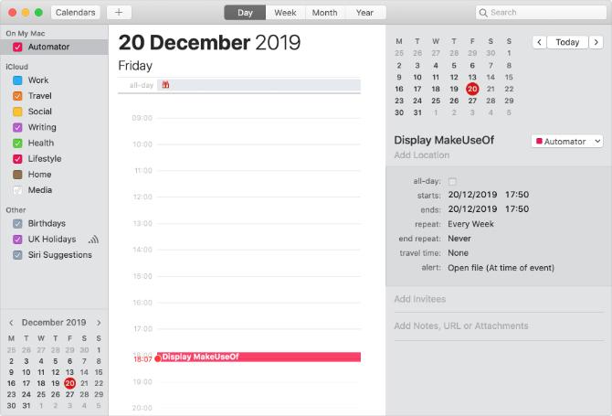 Automator Kalenderlarm för att öppna webbsidan