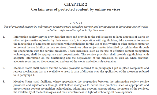 Skärmdump av artikel 13 från EU: s utkast till upphovsrättsdirektiv