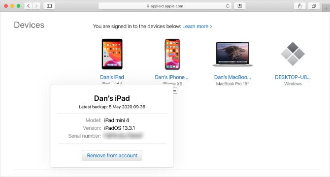Apple ID-webbplats med iPad-serienummer