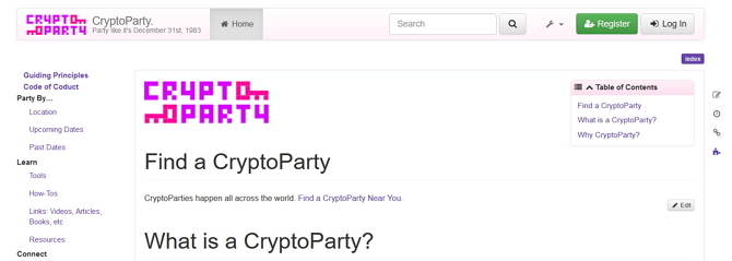 3 skäl att vara optimistiska om framtiden för online-sekretess Cryptoparty-skärmbild på webbplatsen