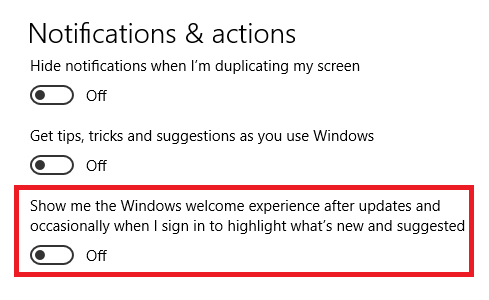 Hur du inaktiverar sidan "Windows Welcome Experience" i Windows 10-inställningar för Windows-upplevelser