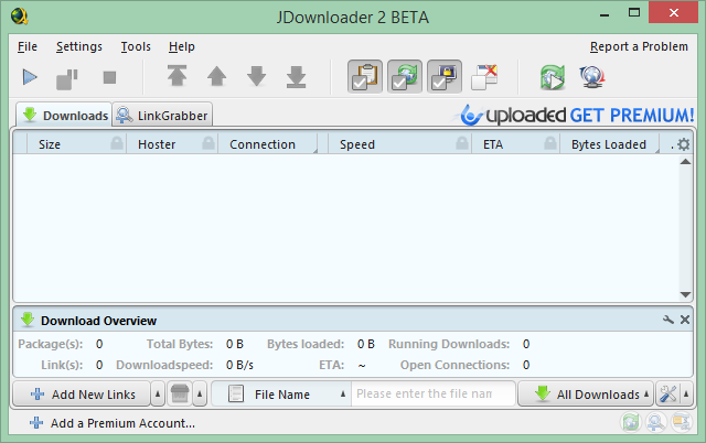 Detta är en skärmdump av JDownloader-gränssnittet. JDownloader möjliggör bättre nedladdningar.