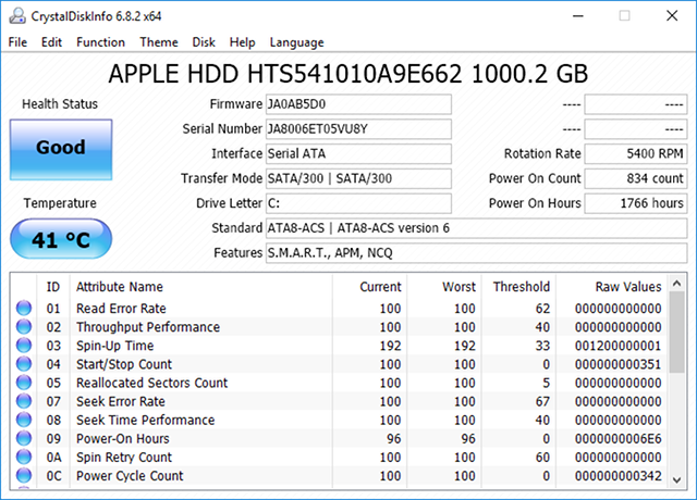 CrystalDiskInfo HDD-diagnostiköversikt