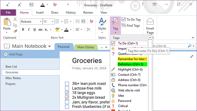 OneNote-funktions anpassade-taggar