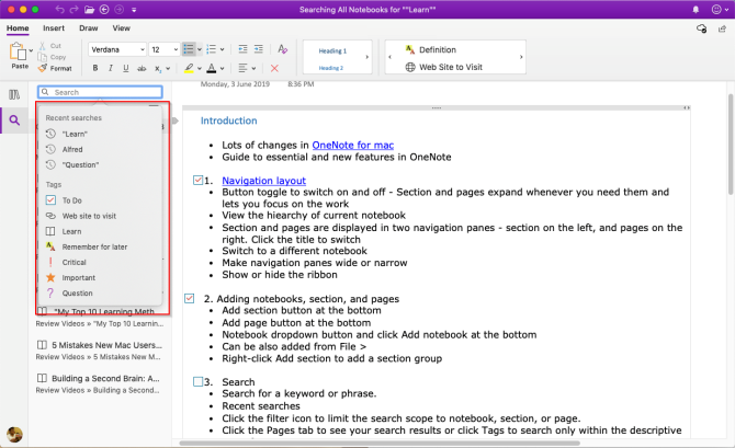 sök anteckningar i OneNote Mac