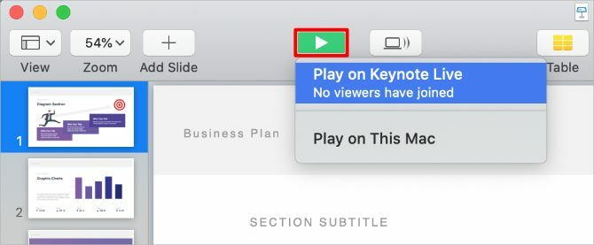 Keynote Play-knapp med Keynote Live-alternativet