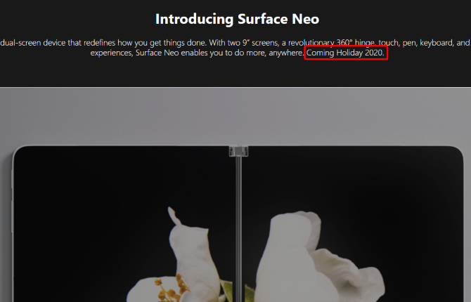 Produktsidan för Microsoft Surface Neo före förseningen
