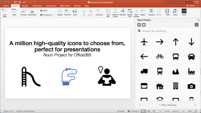 Noun Project-tillägget för Powerpoint ger gratis ikoner och emojis