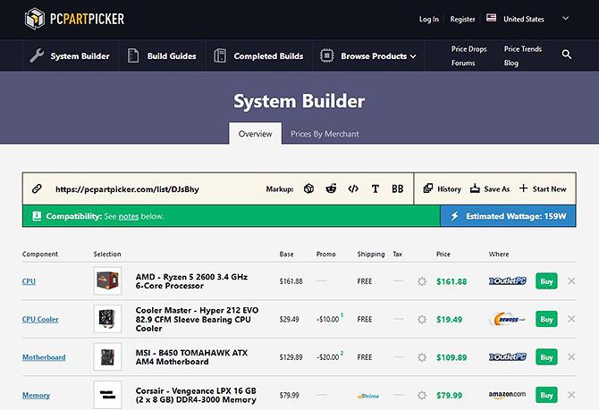 Använda PC Part Picker - systembyggare