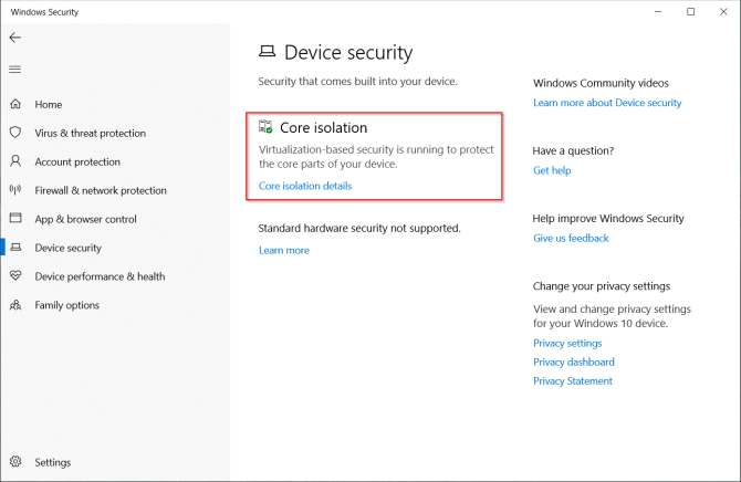 kärnisoleringsfunktion i Windows Defender