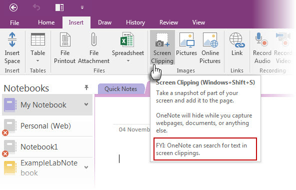 OneNote skärmklippning