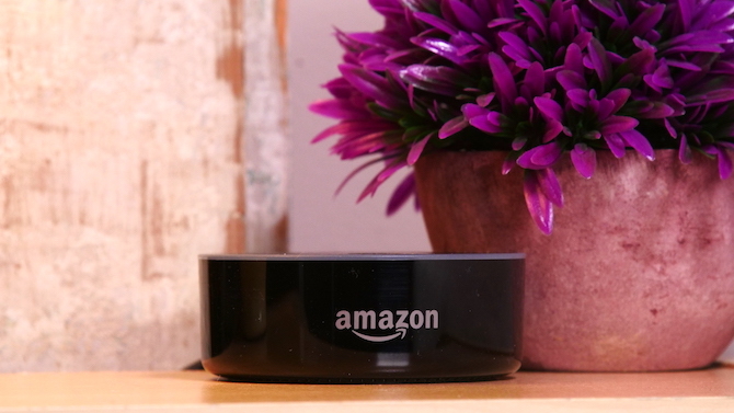 Ett Amazon Echo bredvid en blomkruka