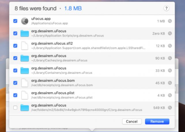 Filer som hittades för borttagning i AppCleaner på macOS