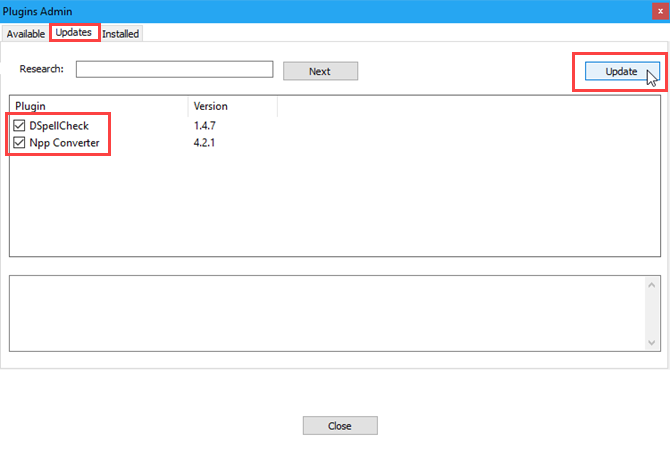 Fliken Uppdateringar i dialogrutan Plugins Admin i Notepad ++