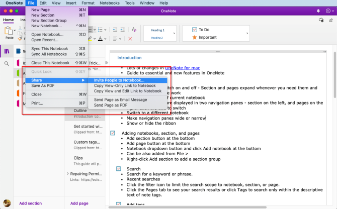 delning och samarbete i OneNote Mac