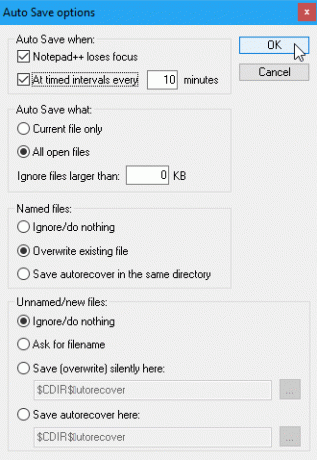 Alternativ för automatisk spara alternativ i Notepad ++