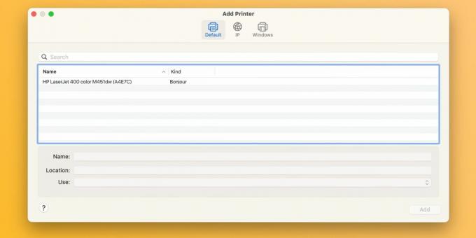Dialogrutan Lägg till skrivare i macOS Sonoma Systeminställningar