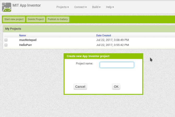 android skapa app appinventor nytt projektnamn