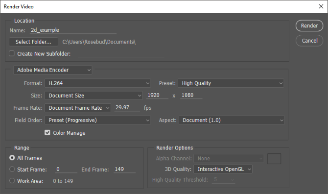 render videoinställningar Photoshop