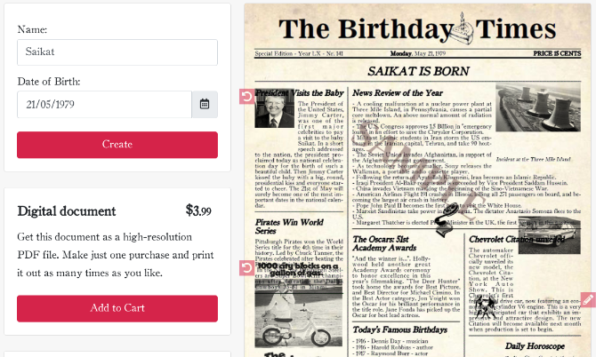 Skapa en falsk tidning av ditt födelsedatum på The Birthday Times