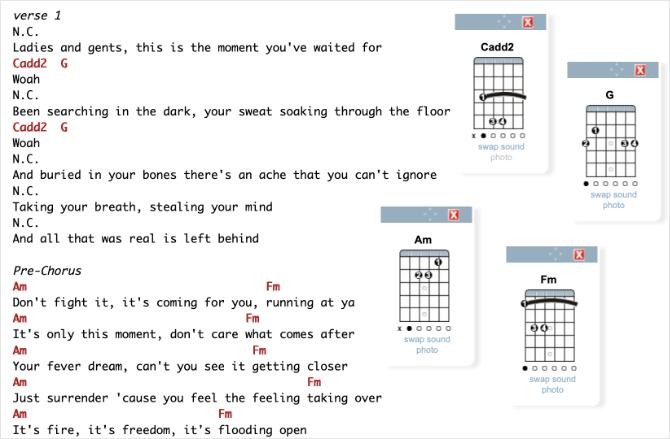 E-ackord sida som visar The Greatest Show Guitar Chords