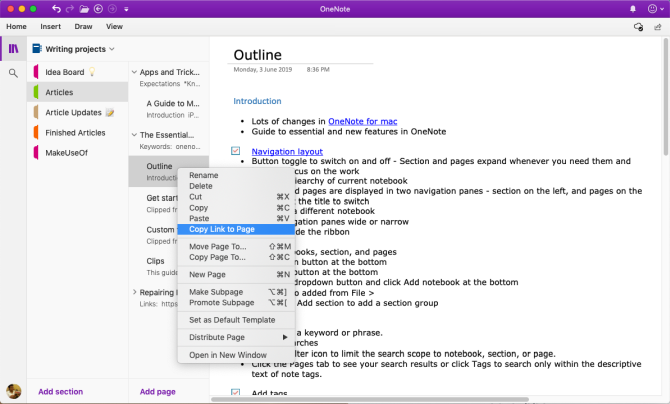 kopiera länken till OneNote-sidan