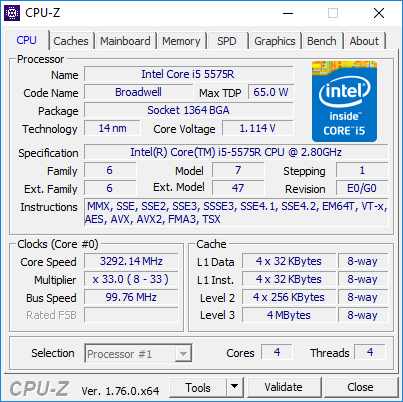 CPU-Z Windows diagnostiköversikt