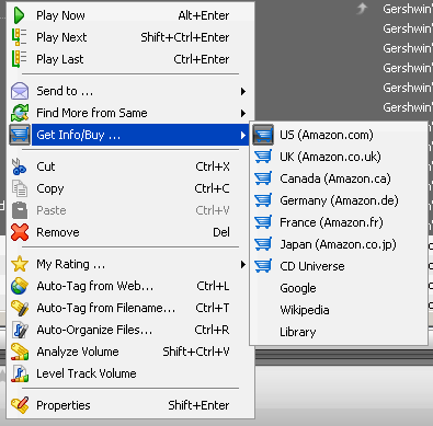 Högerklicka på en vald låt eller album och få den här menyn.