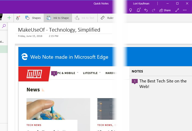 Webbnot från Edge i OneNote